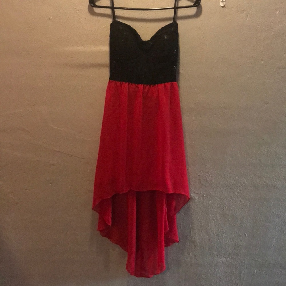 Black and red strapless high low dress.